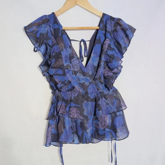 Ted Baker London Sz 2 Rowyn Blue Floral Ruffle Blouse - Picture 2 of 7